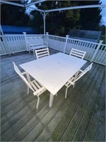 patio table and 4 chairs and bench
