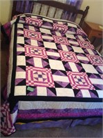 purple quilt, bed skirt, & sheets, pillow