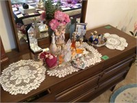 Vintage dresser mirror, perfumes, dollies, more