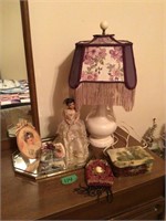 Vintage lamp, dresser items, doll, beaded purse