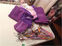 purple towels & crocheted hangers