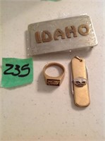 Idaho belt buckle, Ore-Ida ring & knife
