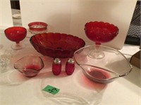 ruby red bowls, chip & dip, s&p shakers