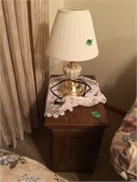 Side cabinet, lamp, dollie, & clock