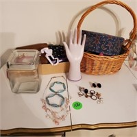 BASKET AND ASSORTED COSTUME JEWELRY
