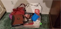 TOTE OF ASSORTED PURSES/ BIBLE COVER AND EXTRAS