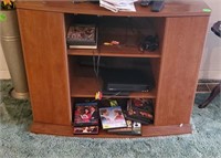 WOOD ENTERTAINMENT CENTER-SANYO DVD PLAYER/ MOVIES