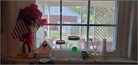 WINDOW ASSORTMENT- GLASS JARS/ ROOSTER SOAP DISH