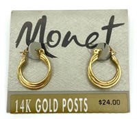 MONET 14K Gold Post Hoop Earrings NWT