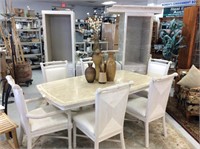 Dining table with rattan accent four side chairs