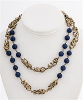 Modern Gilt Metal and Blue Bead Necklace