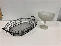 Pedestal bowl and metal tray.