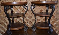 Pair of 3 tier circular wood side tables with scro