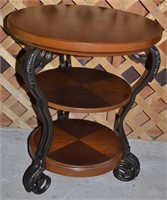 3 tier circular wood side table with scrolled meta