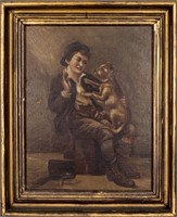 American School "Boy W Dog" Oil on Masonite