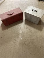 Two metal covered boxes, one full of vintage