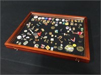 Vintage Pins and Buttons w/ Display Case