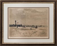 Illegibly Signed Beach Scene Lithograph in Colors