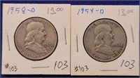 1954 D & 1958-D Franklin Half Dollar