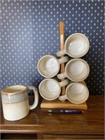 Vintage Heavy Pottery Mugs On Stand