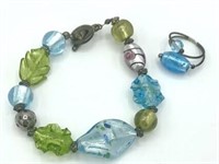 Hand-crafted Art Glass Bracelet & Ring W/ Genuine