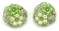 Vintage Green Flowers Clip Earrings w/