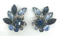 Vintage Blue Rhinestone Flower Clip Earrings