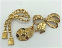 Lot of 3 Gold Tone Brooches Bow, Tassels