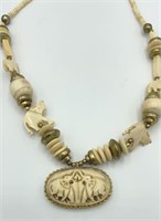 Faux Ivory Carved Elephant Pendant 24” Necklace