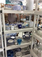 Rack of blue & white dishware