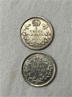 1904 & 1907 Silver Canadian 5 Cent Coins