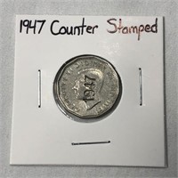 1947 Counter Stamped Canadian 5 Cent Coin