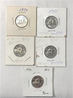 5- 1970 Canadian 5 Cent Coins - Low Production Yr