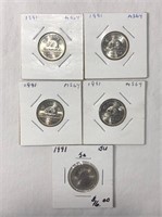 5- 1991 Canadian 5 Cent Coins - Low Production Yr