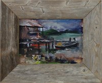 E. White, Untitled, Docked Rowboat, Oil on Board
