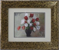 Red and White Tulips in Vase, Print