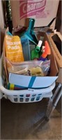 CLOTHESBASKET FULL OF CLEANING SUPPLIES, TRASH BAS