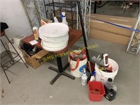 Two Tables, One Stool, Cleaning Supplies,
