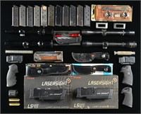 ASSORTMENT OF RIFLE SCOPES, MAGS, LASER SIGHTS,