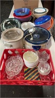 Group of crockpots, bowls, platters and baking