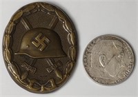 WWII Germany Wound Badge & German 2 Mark Coin