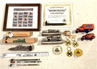 Asst Train Lot whistles, stamps, buttons & others