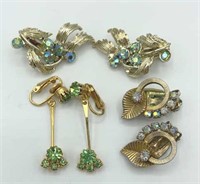 Lot of 3 Vintage Green Rhinestone Clip Earrings