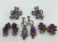 Lot of 4 Vintage Purple Rhinestone Clip Earrings