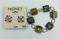 NWT MONET Flower Clip Earrings & Mosaic Bracelet