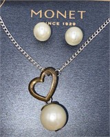 MONET Silver Tone Heart & Faux Pearl Pendant &