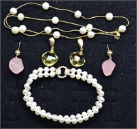 14kt gold lot: diamond & pearl bracelet, pearl nec