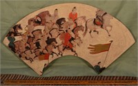 Fan shaped painting on wood depicting Chinese moun