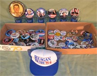 Reagan Bush campaign buttons, mugs and hat