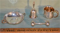 Sterling lot: rattle, bell, 2 handle bowl and cup